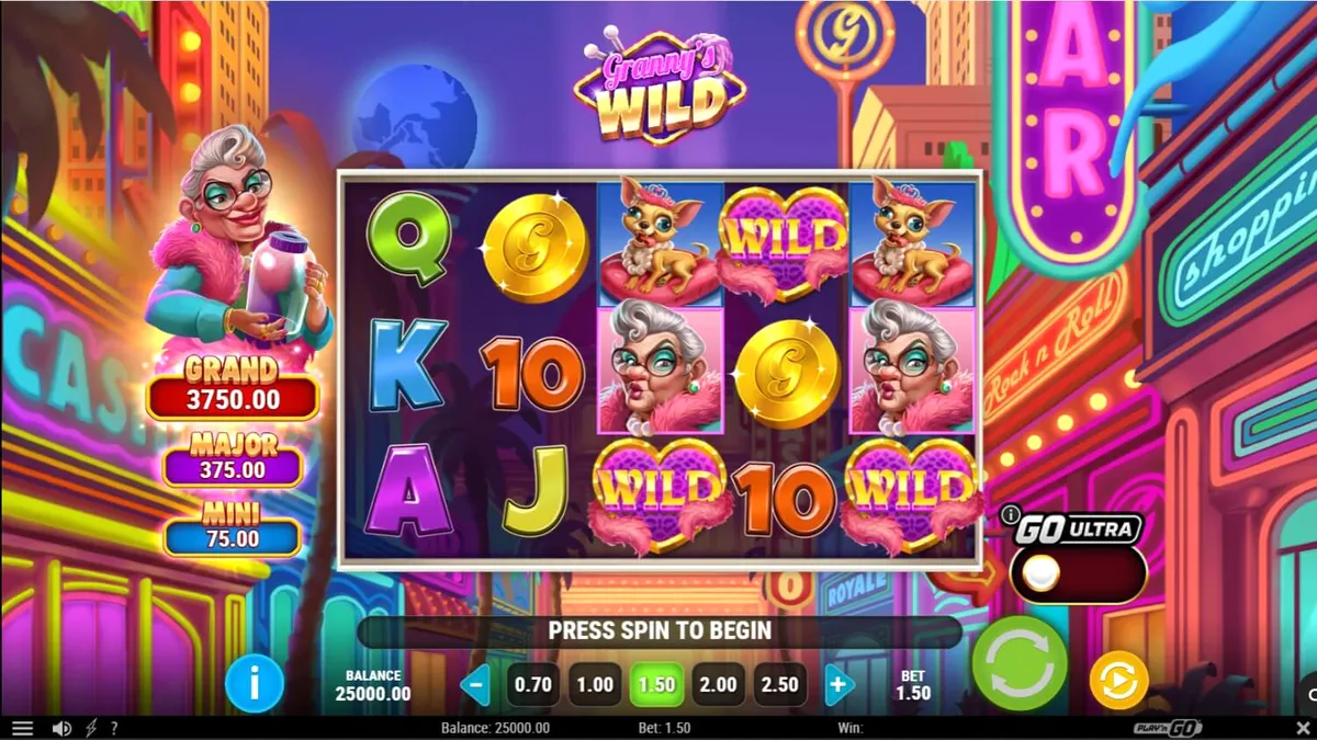Granny’s Wild slot com luzes de neon e tema de Las Vegas